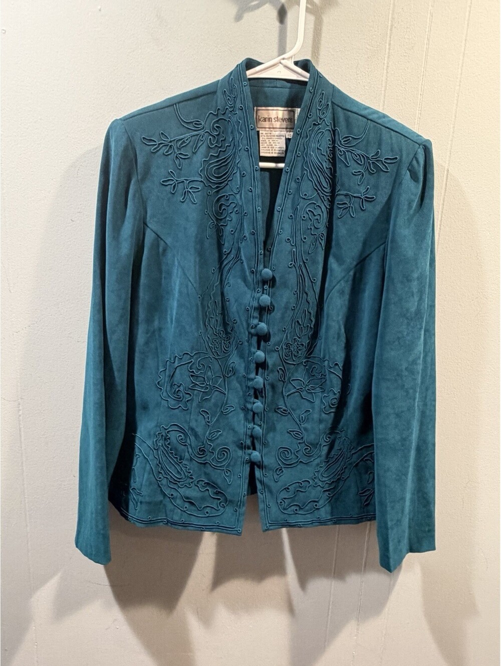Womens Karin Stevens Jacket Size 12 Blue Embroidery Floral Desig